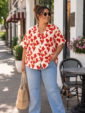 Heart Print Button-Up Shirt